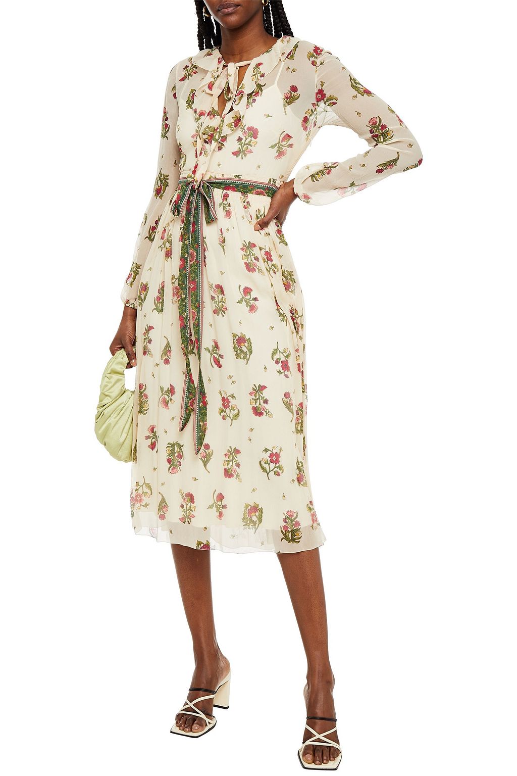 REDVALENTINO Belted ruffled printed floral-print silk-georgette midi dress