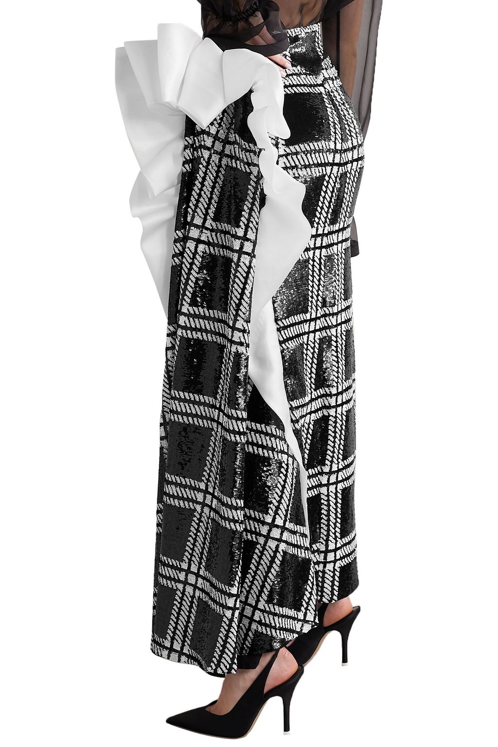 RODARTE Silk-organza trimmed checked sequined stretch-knit maxi skirt