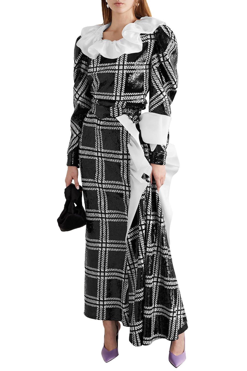 RODARTE Silk-organza trimmed checked sequined stretch-knit maxi skirt