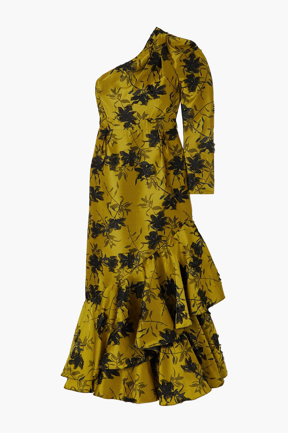 Erdem Woman Doriana One-sleeve Ruffled Fil Coupé Floral-jacquard Gown Chartreuse Size 6
