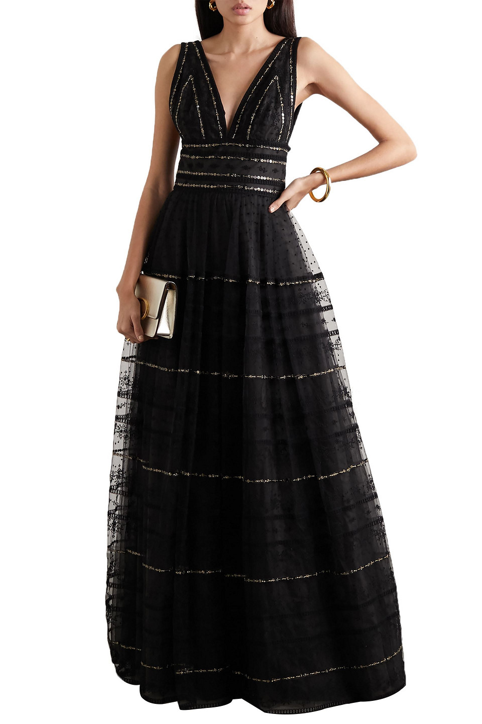 Costarellos Sequined Embroidered Tulle Gown In Black