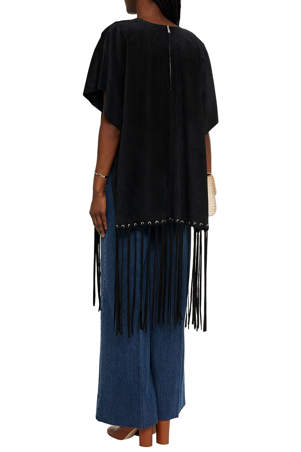  Redvalentino - Poncho Aus Veloursleder Mit Fransen - Schwarz - S 
