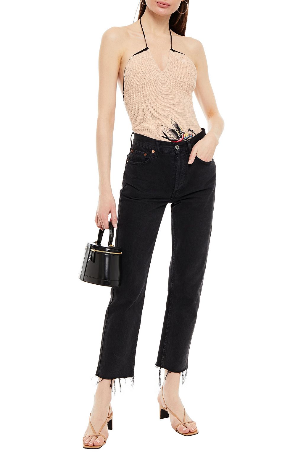 REDVALENTINO Embroidered cotton-blend halterneck bodysuit