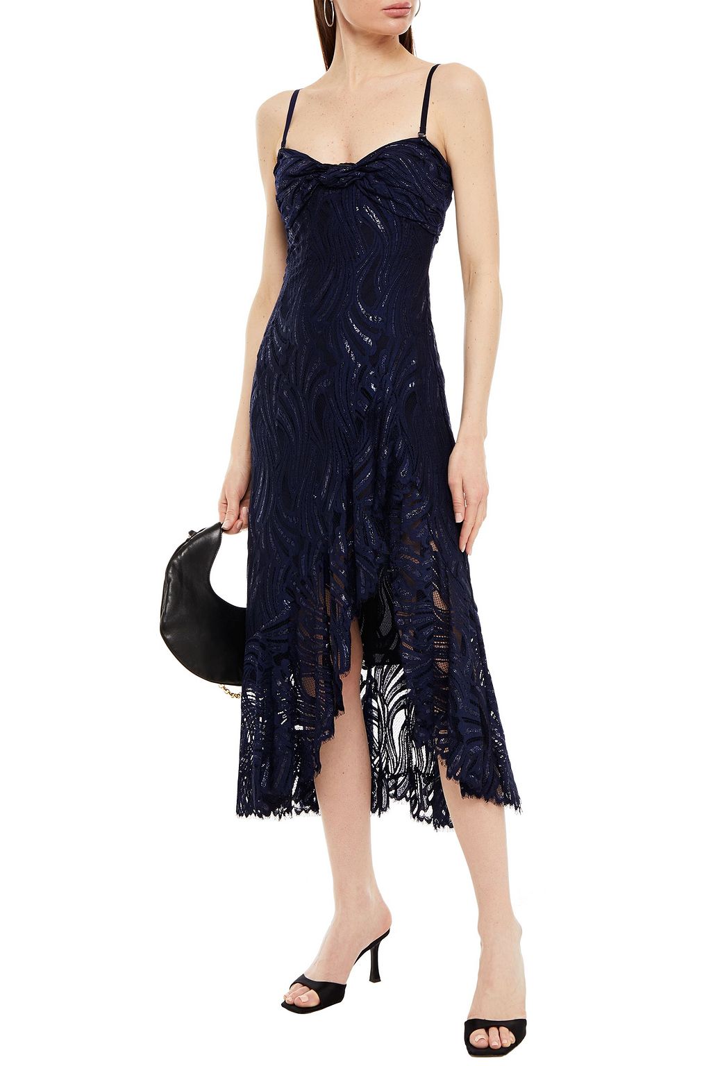 SIMKHAI Strapless knotted metallic lace midi dress