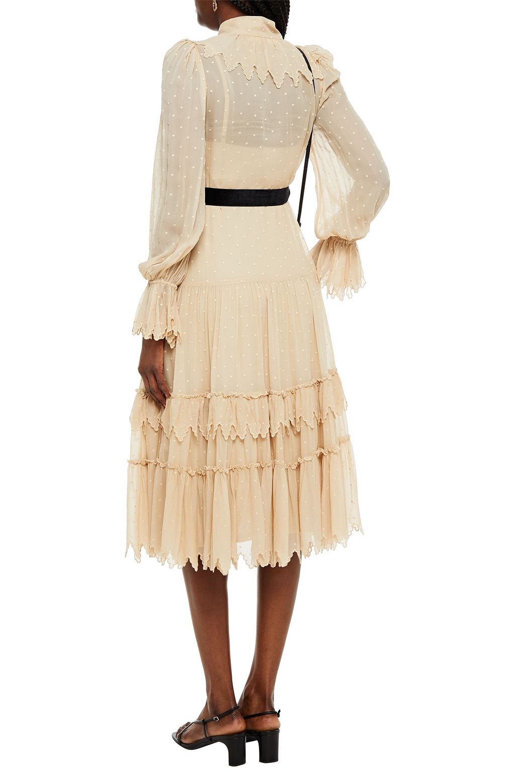 ZIMMERMANN Belted velvet-trimmed Swiss-dot chiffon midi dress