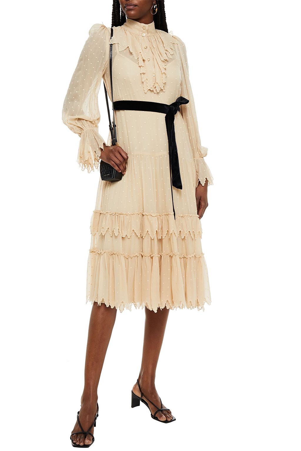 ZIMMERMANN Belted velvet-trimmed Swiss-dot chiffon midi dress
