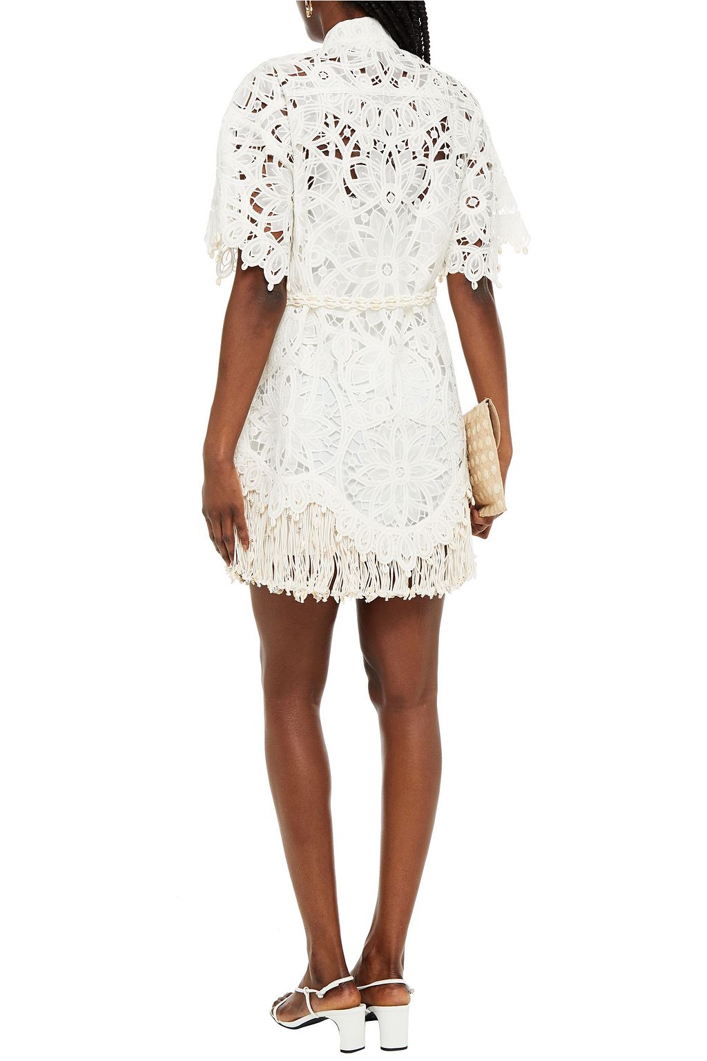 ZIMMERMANN Wavelength belted fringe-trimmed silk macramé lace mini dress