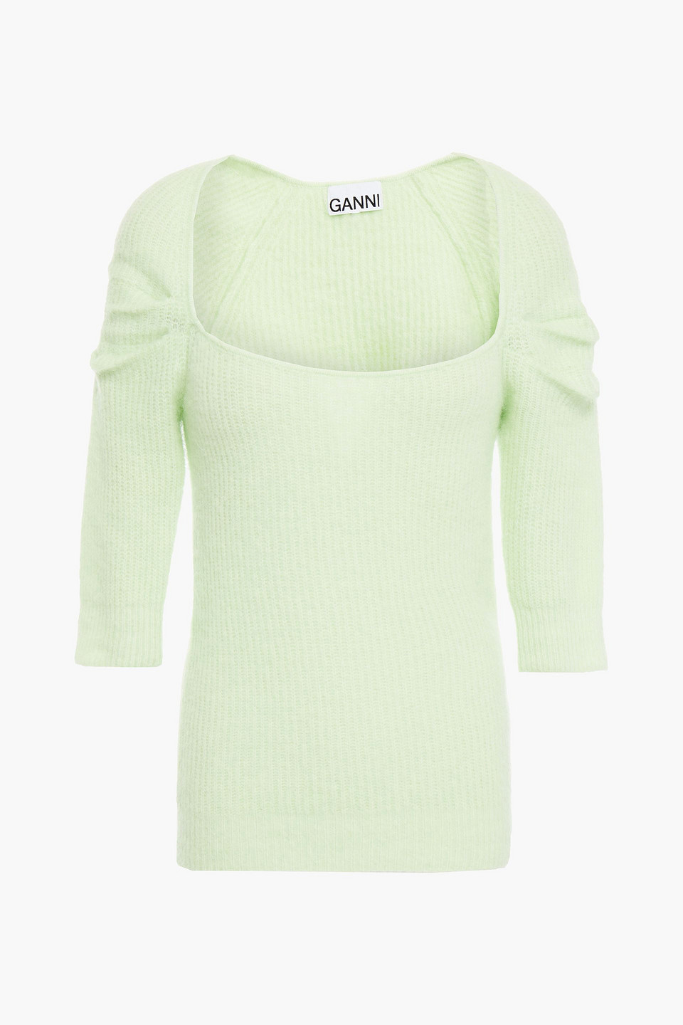 Ganni Woman Gathered Brushed Ribbed-knit Sweater Light Green Size S