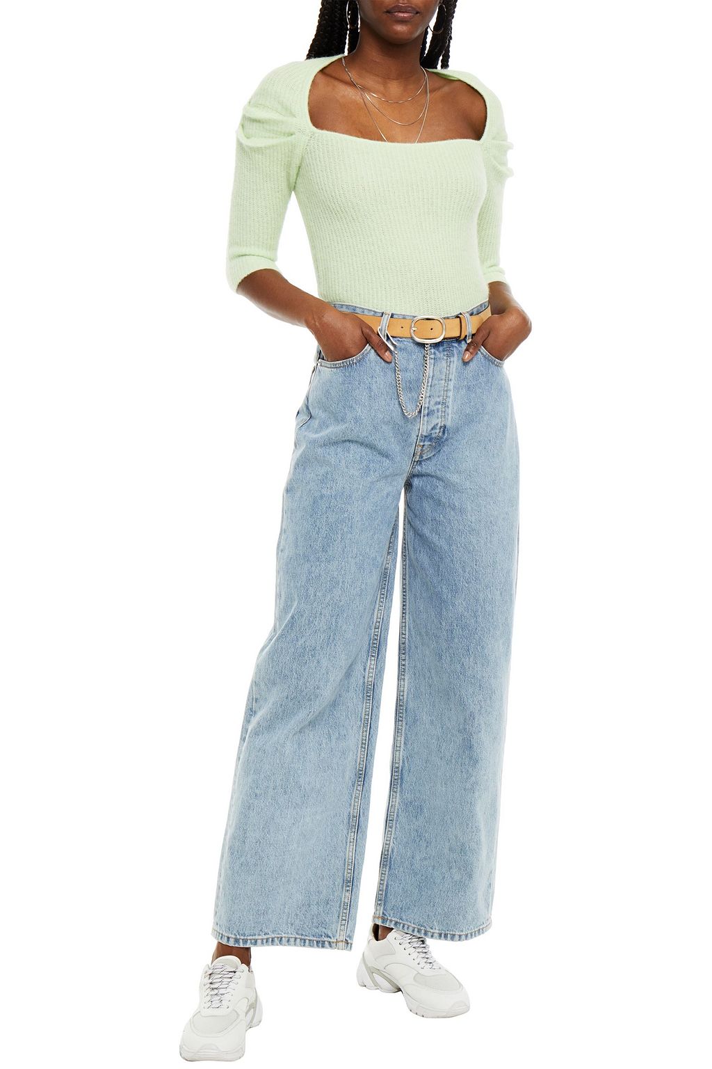 GANNI Gathered brushed ribbed-knit sweater