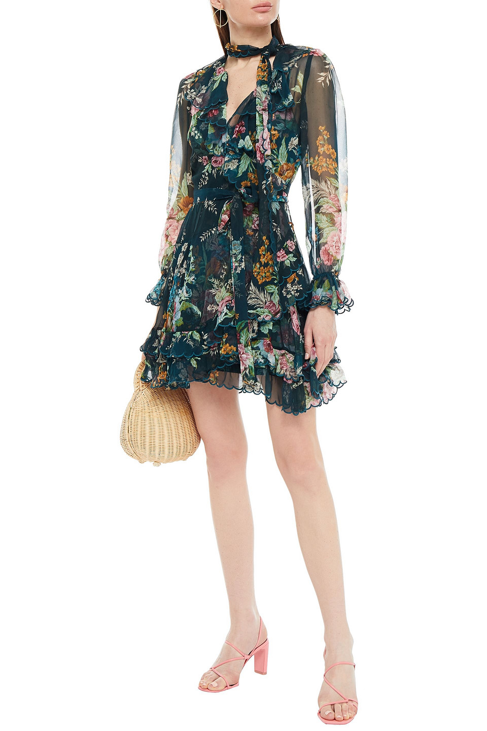 Zimmermann Wavelength Scallop Ruffled Floral-print Silk-chiffon Mini Wrap Dress In Forest Green