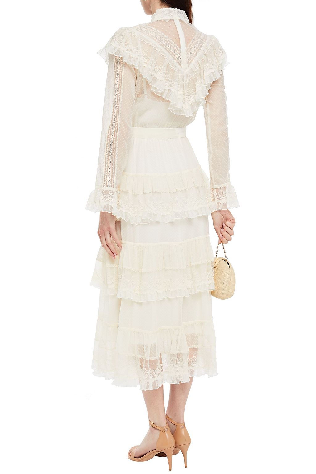 ZIMMERMANN Glassy tiered lace, flocked tulle and Swiss-dot silk-georgette midi dress