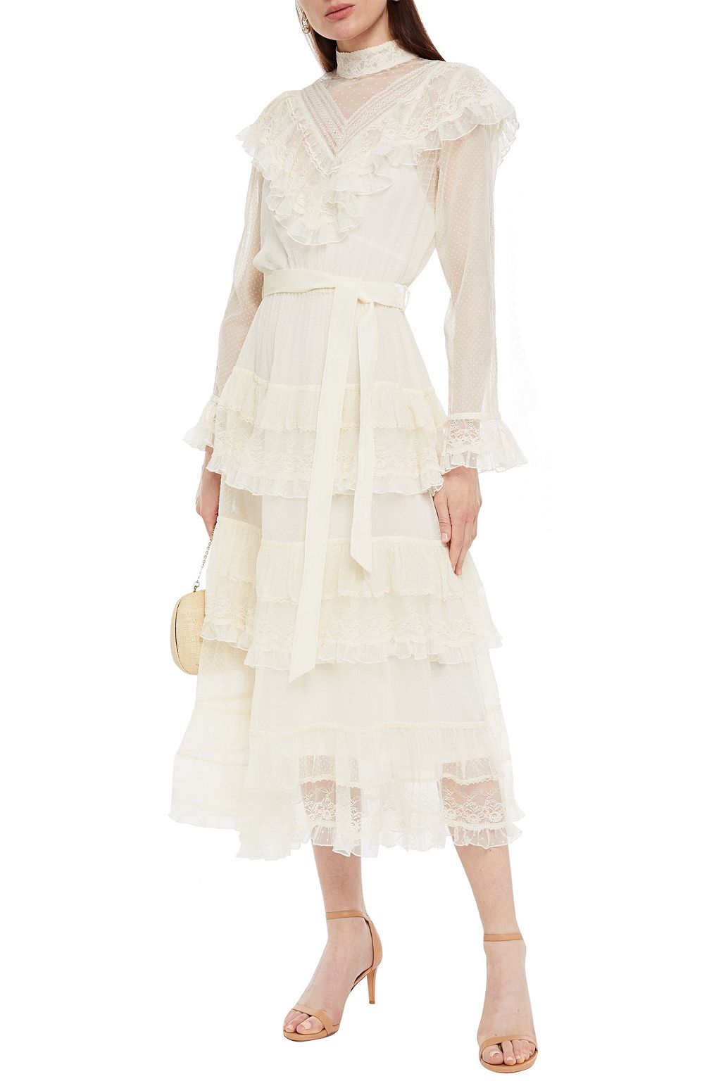 ZIMMERMANN Glassy tiered lace, flocked tulle and Swiss-dot silk-georgette midi dress