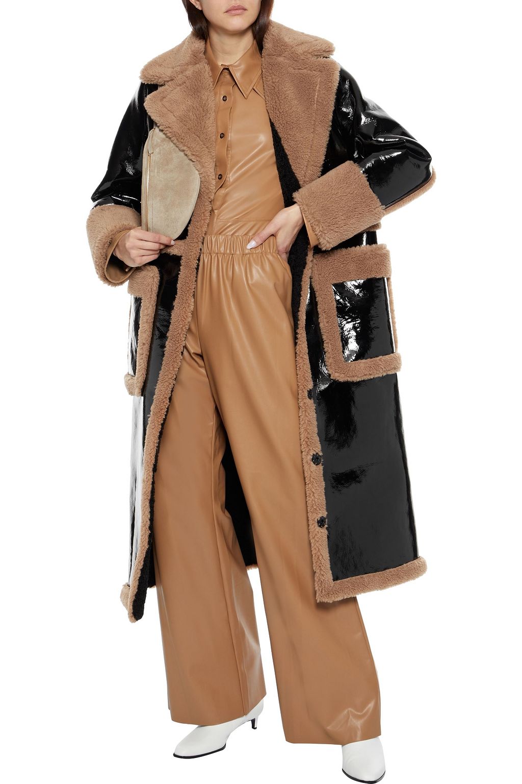 STAND STUDIO Aubrey faux shearling-trimmed faux patent-leather coat