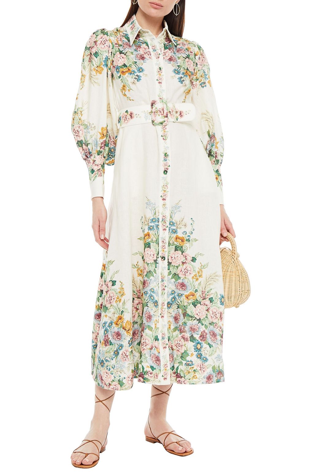 ZIMMERMANN Wavelength belted floral-print linen midi shirt dress