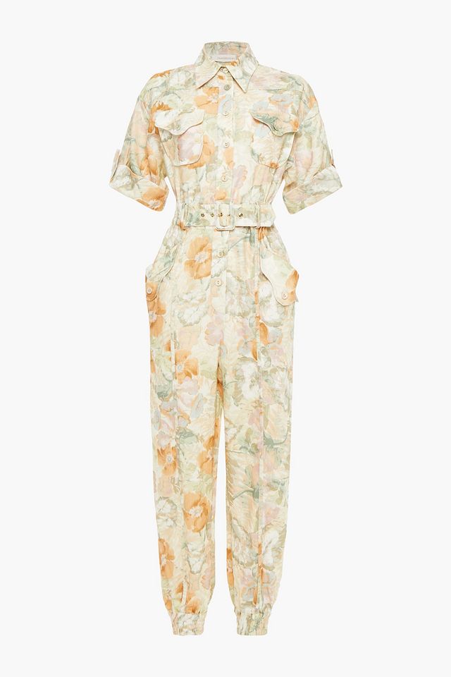 Glassy belted floral-print linen jumpsuit