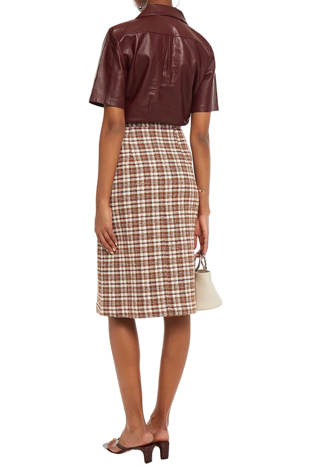 REMAIN BIRGER CHRISTENSEN Marina leather-trimmed checked cotton-blend tweed midi skirt