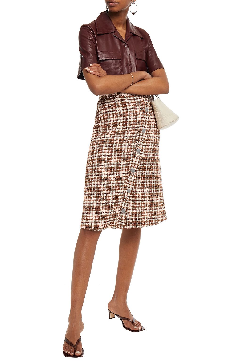 REMAIN BIRGER CHRISTENSEN Marina leather-trimmed checked cotton-blend tweed midi skirt