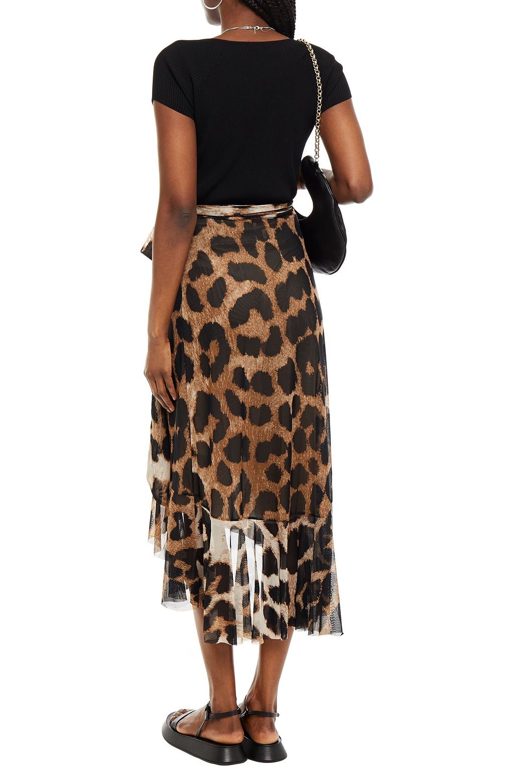 GANNI Ruffled leopard-print stretch-mesh midi wrap skirt