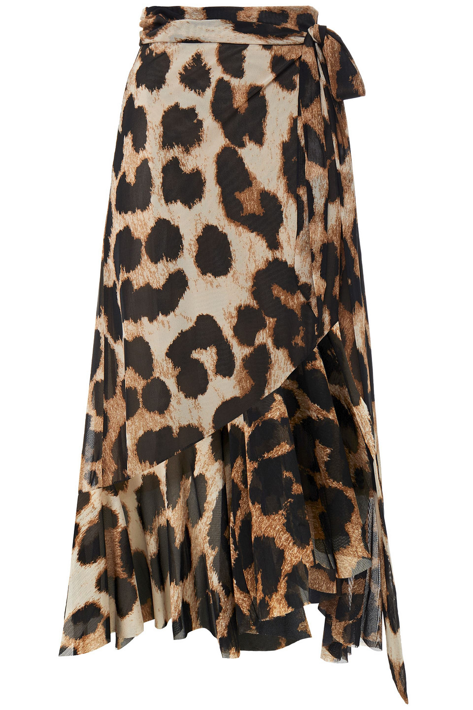 Ganni Woman Ruffled Leopard-print Stretch-mesh Midi Wrap Skirt Animal Print Size 34