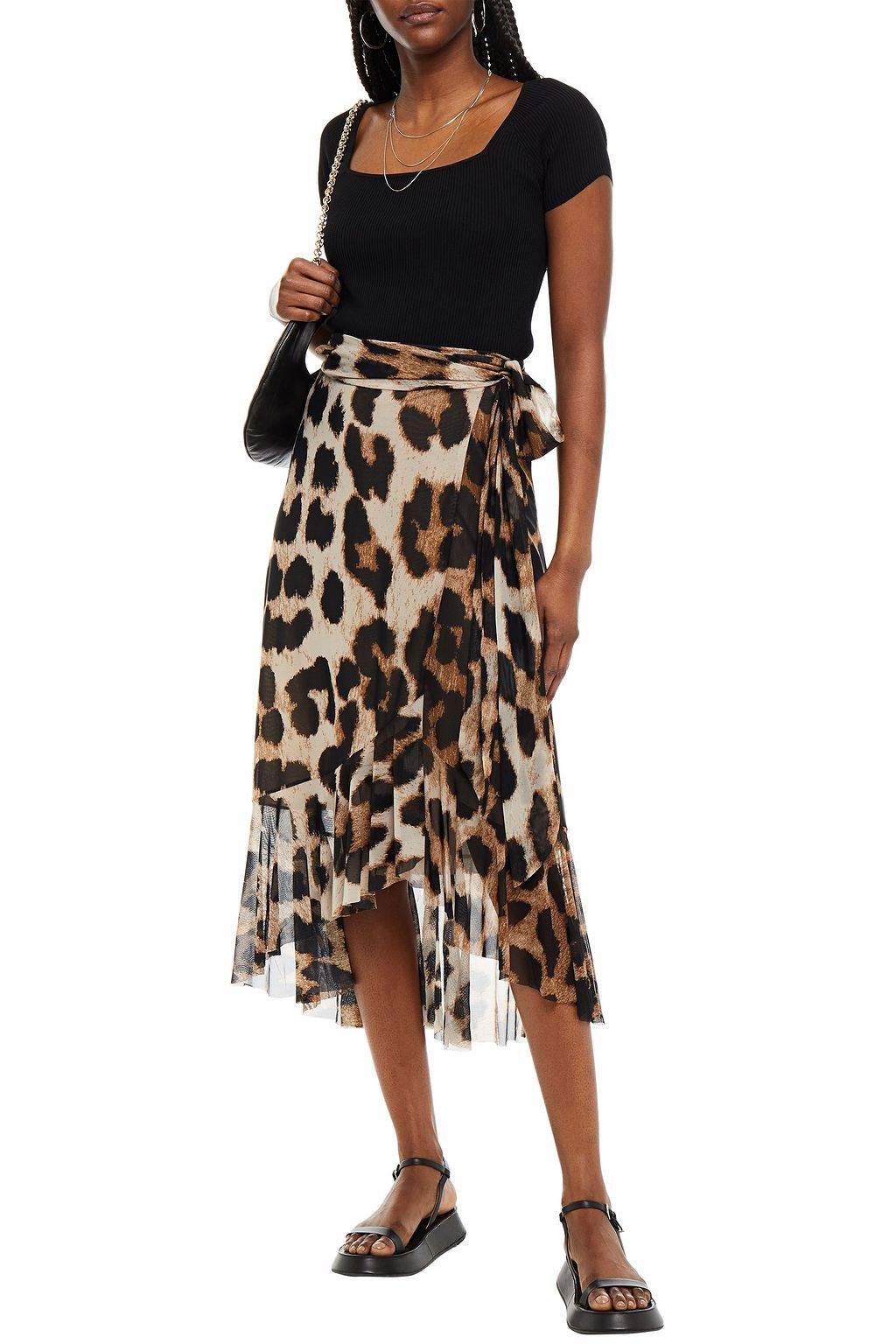 GANNI Ruffled leopard-print stretch-mesh midi wrap skirt