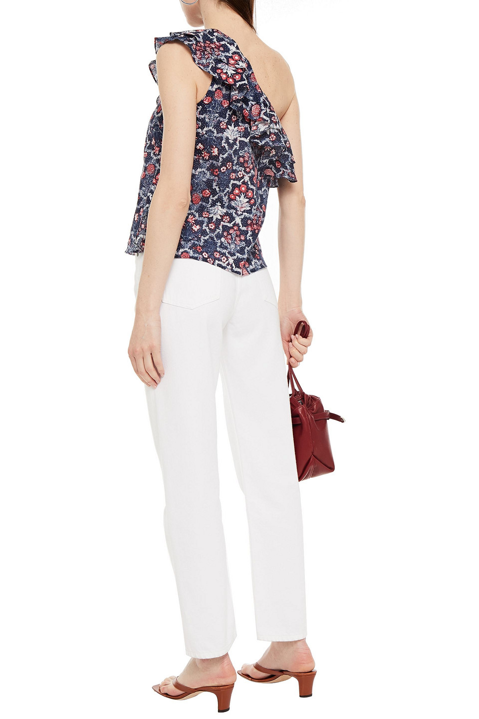 Isabel Marant Étoile Thomy One-shoulder Ruffled Printed Linen Top In Midnight Blue