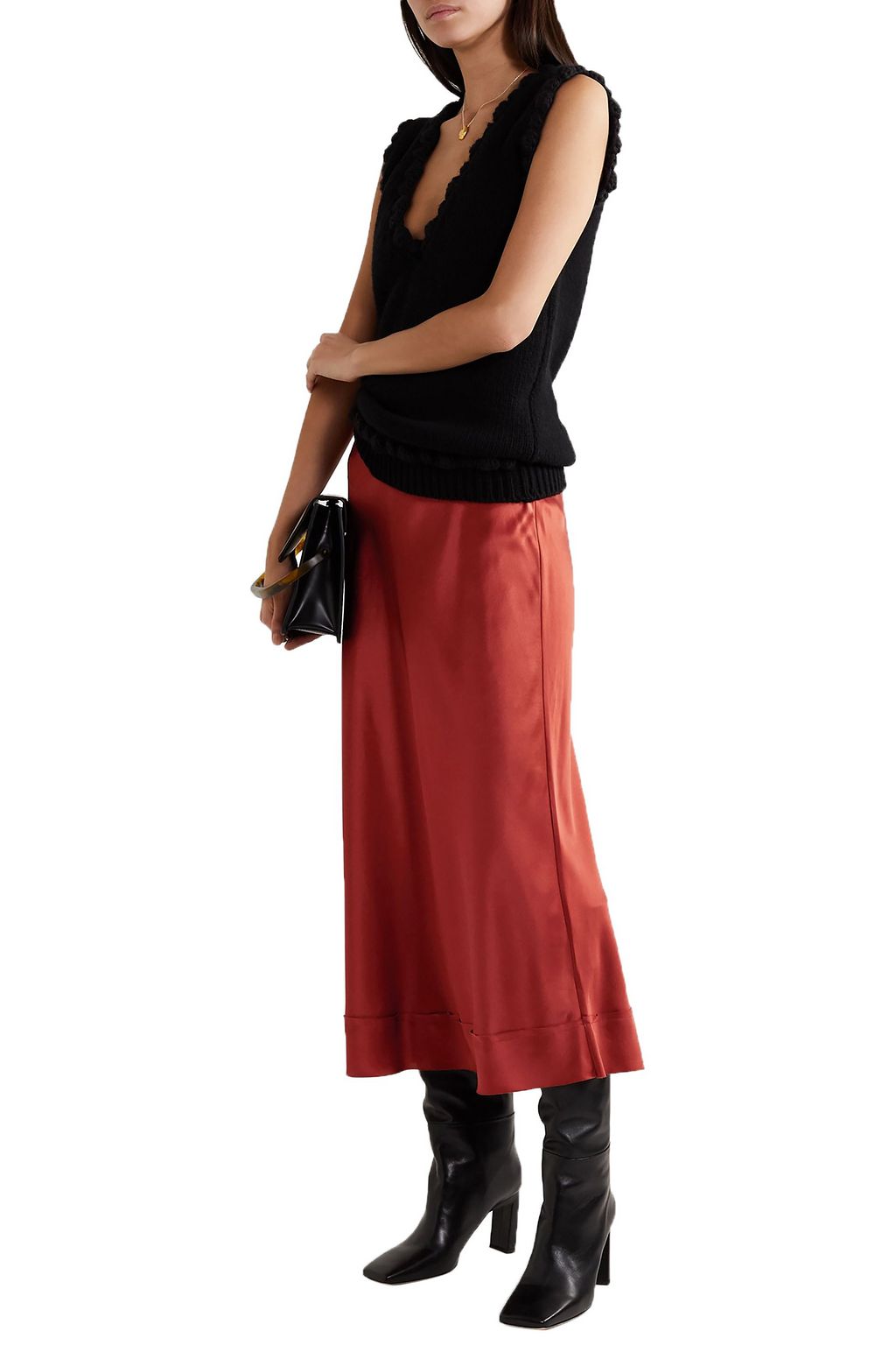 LEE MATHEWS Stella picot-trimmed silk-satin midi skirt