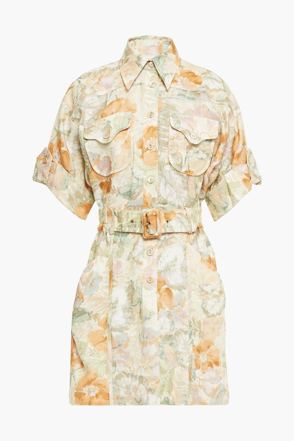 Light green Glassy belted floral-print ...