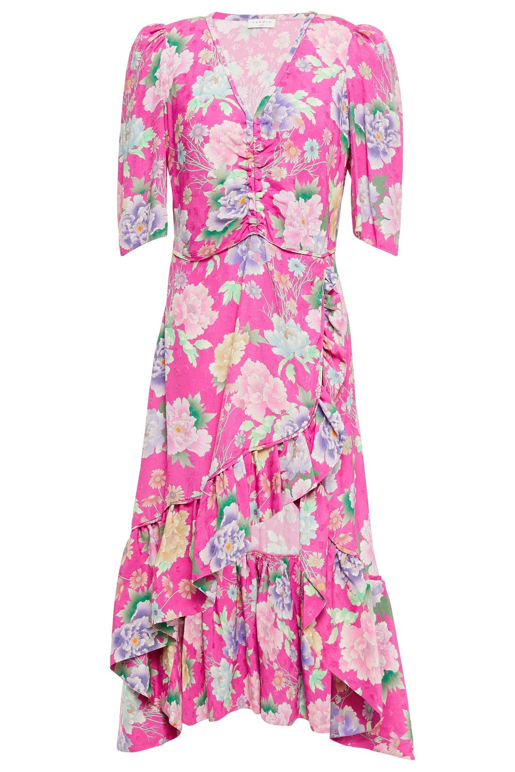 SANDRO Gathered floral-print jacquard midi dress | THE OUTNET