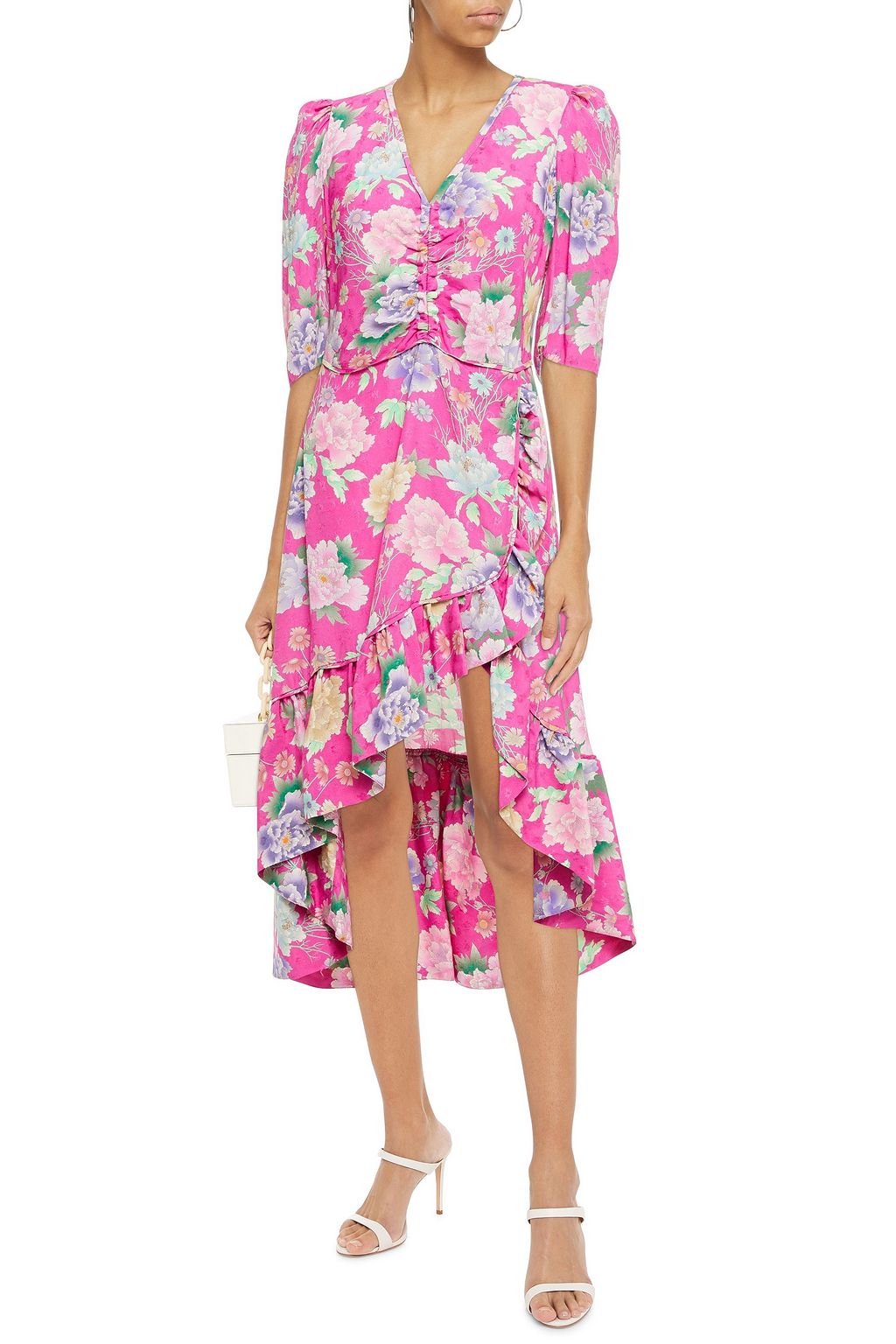 SANDRO Gathered floral-print jacquard midi dress