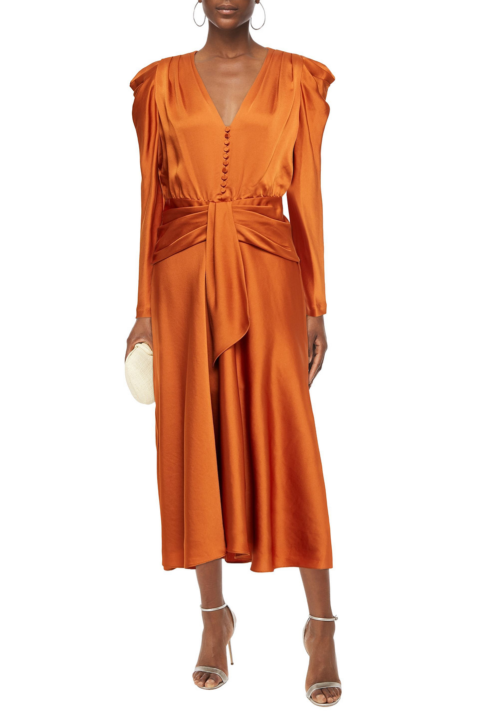 Jonathan Simkhai Gathered Satin-crepe Midi Dress In Orange