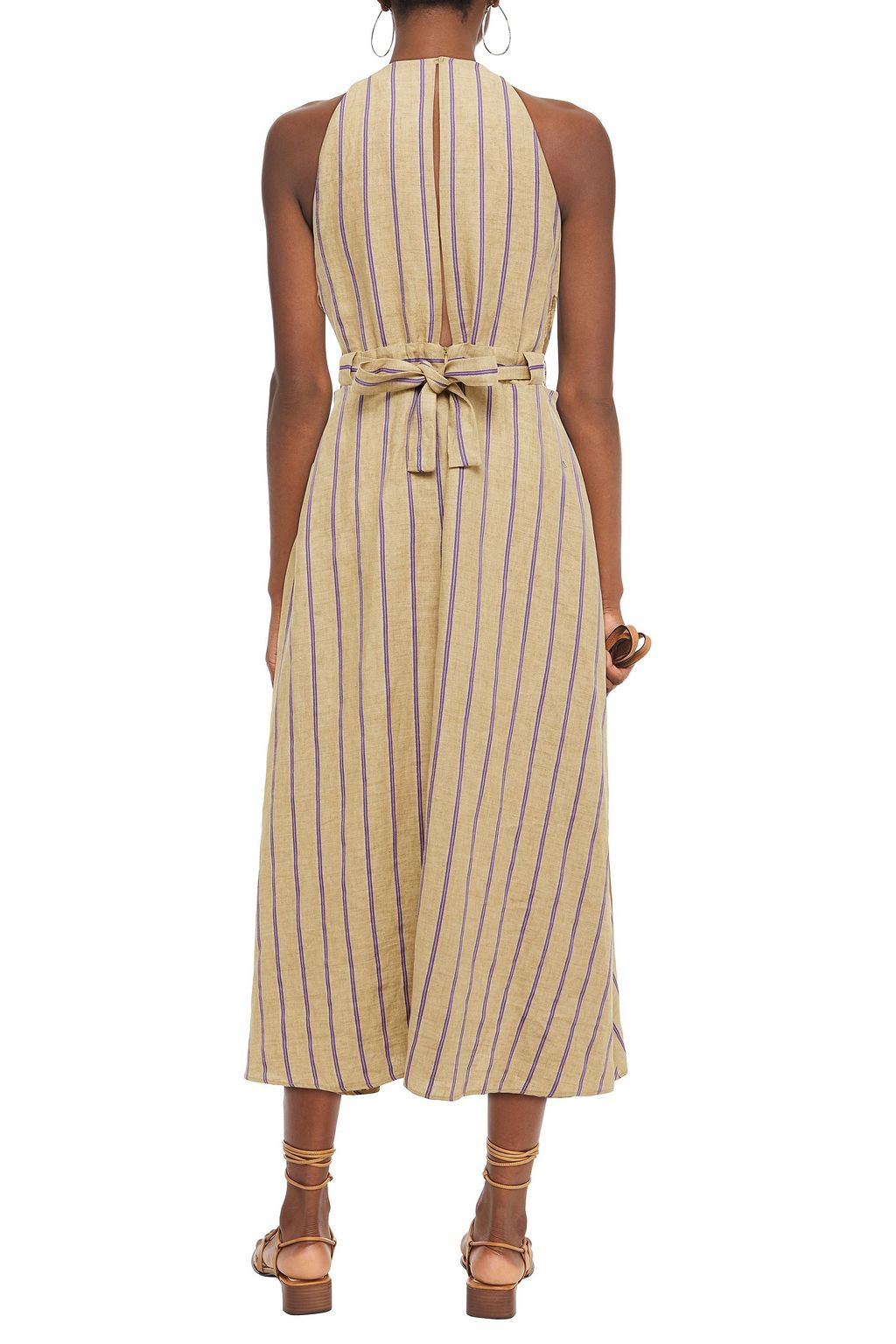 SANDRO Talia gestreiftes Midikleid aus einer Leinenmischung mit Cut-outs