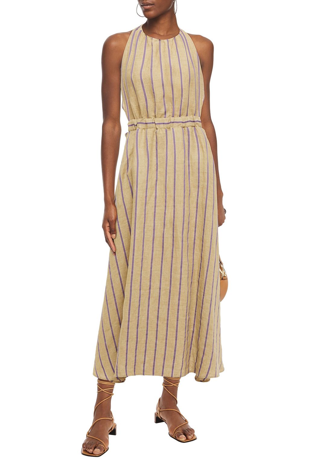 SANDRO Talia gestreiftes Midikleid aus einer Leinenmischung mit Cut-outs