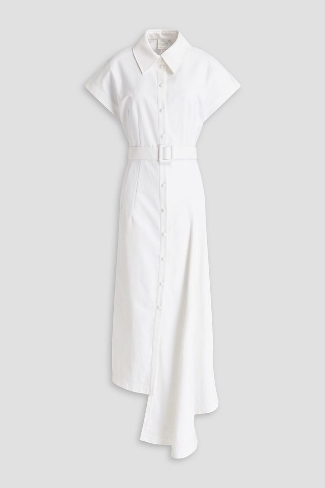 Asymmetric belted stretch-cotton midi shirt dress