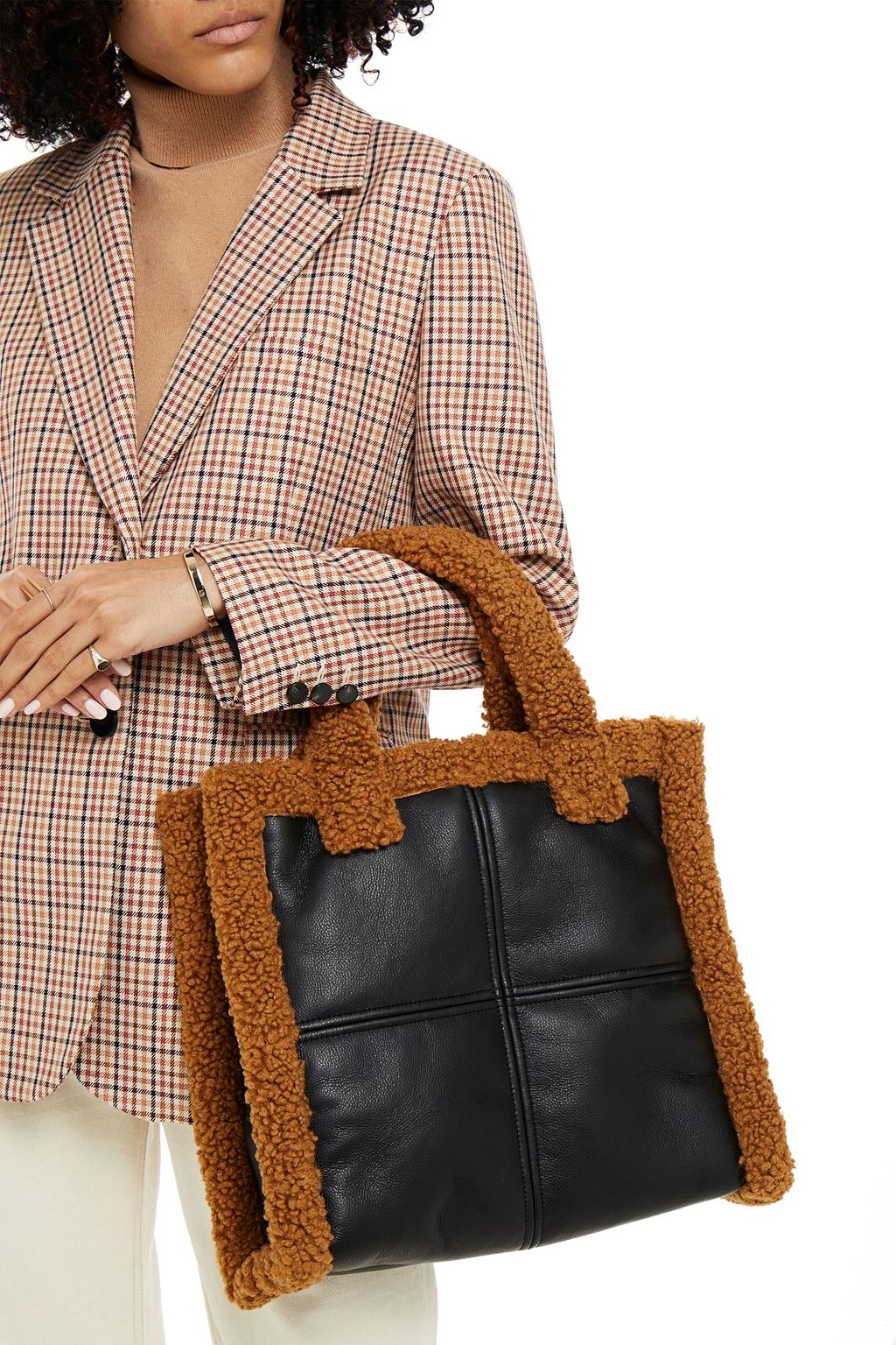 STAND STUDIO Lolita two-tone faux shearling and leather tote
