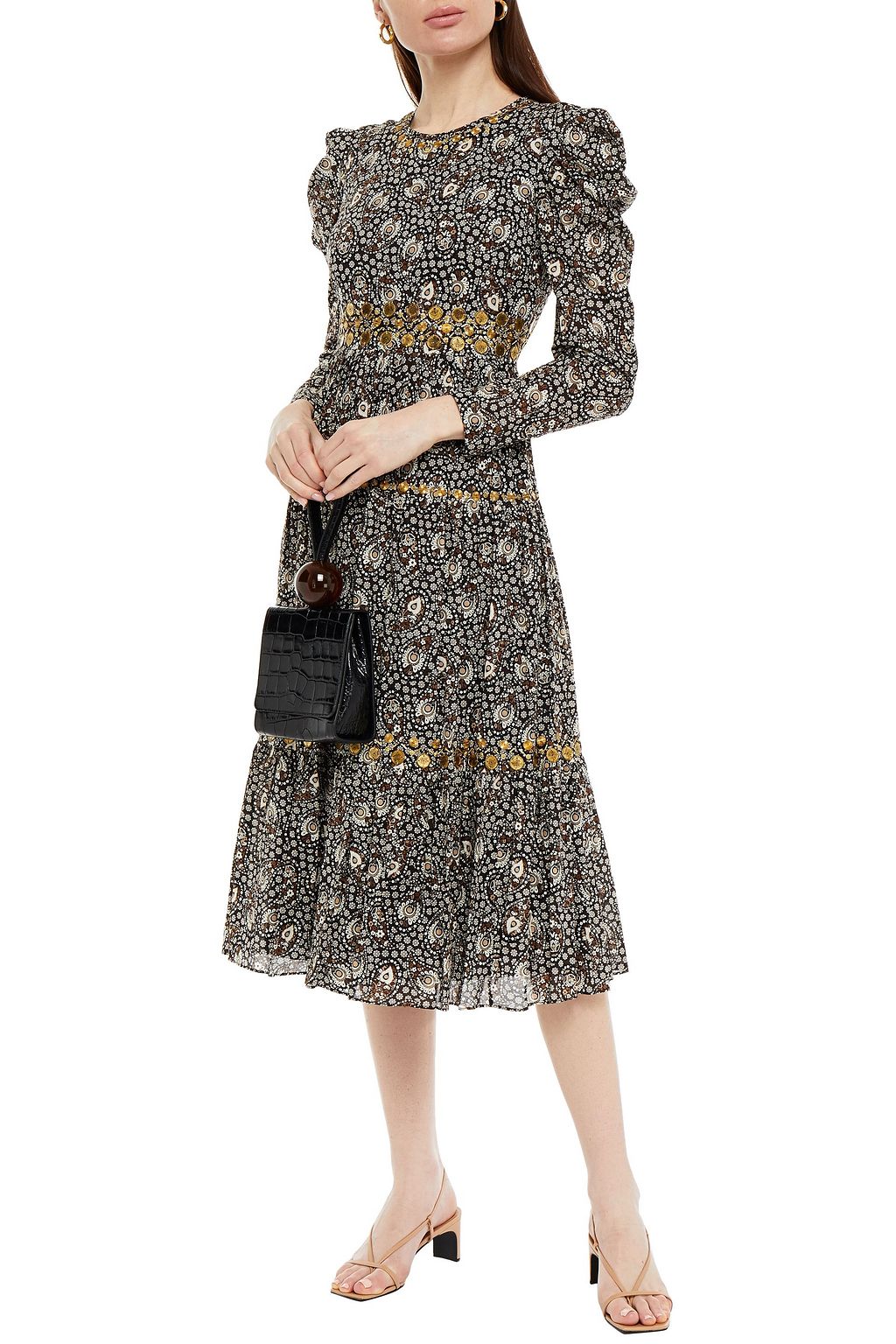 MICHAEL MICHAEL KORS 装飾付き ギャザー入り プリントコットンモスリン ミディワンピース