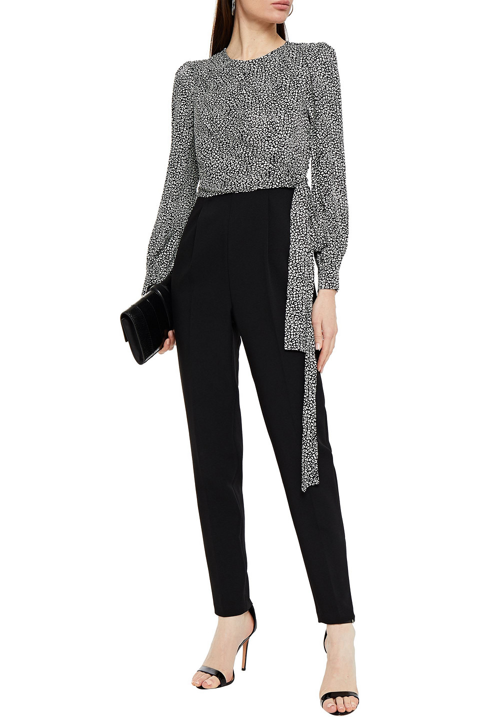 Michael Michael Kors Crepe-paneled Knotted Leopard-print Satin-twill Jumpsuit In Grey