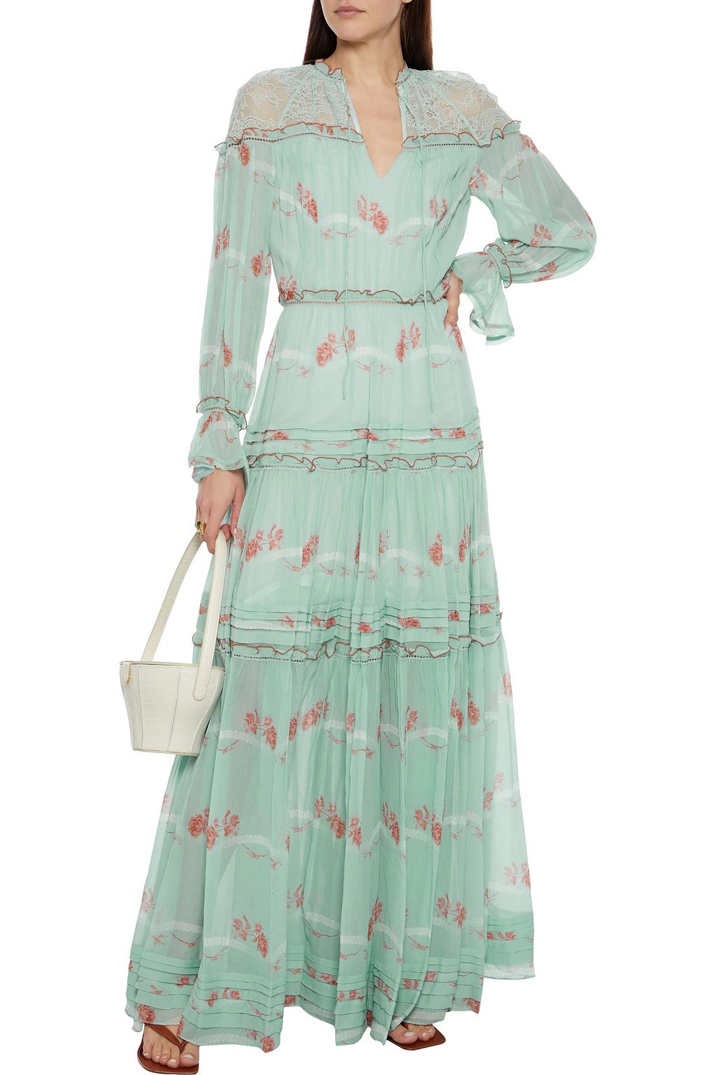 SIMKHAI Cristina Chantilly lace-paneled floral-print silk-georgette maxi dress
