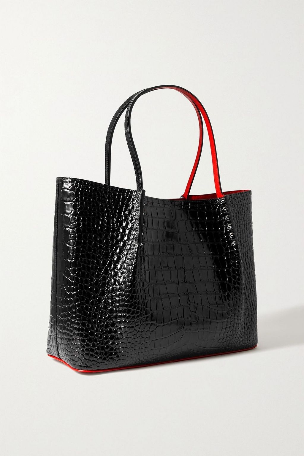 CHRISTIAN LOUBOUTIN حقيبة توت Cabarock من الجلد اللامع بطبعة جلد التمساح مزينة بمسامير لامعة