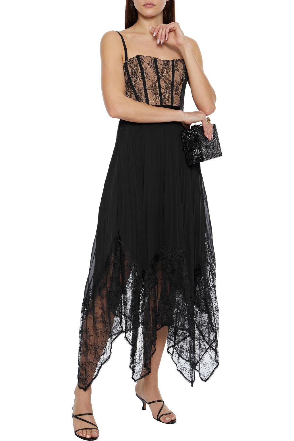 SIMKHAI Scarlett strapless Chantilly lace-paneled pleated crepe de chine midi dress