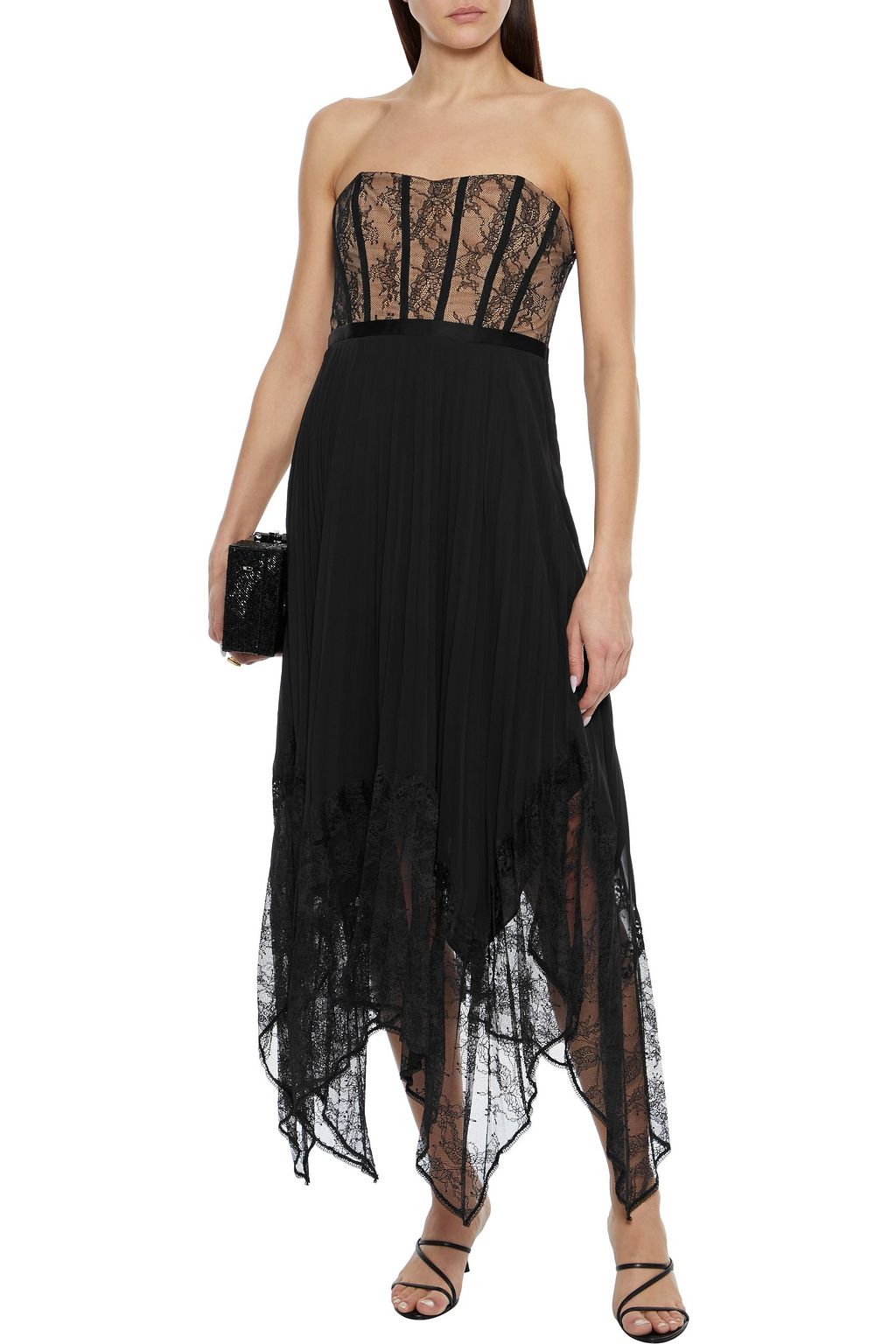 SIMKHAI Scarlett strapless Chantilly lace-paneled pleated crepe de chine midi dress
