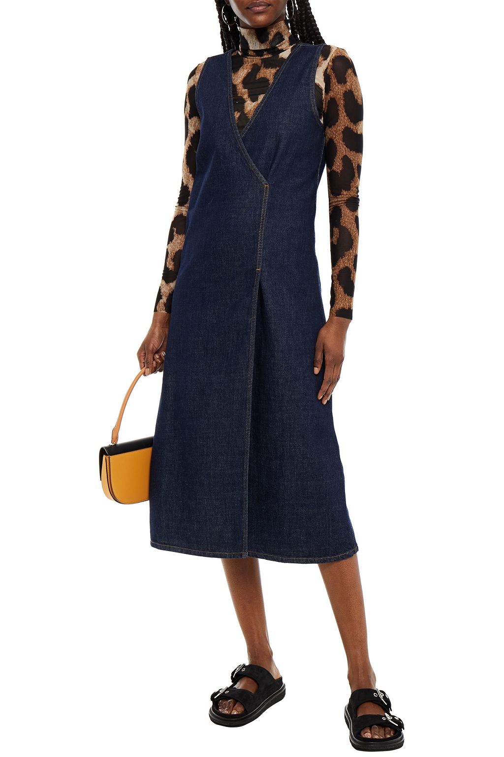 GANNI Wrap-effect denim midi dress