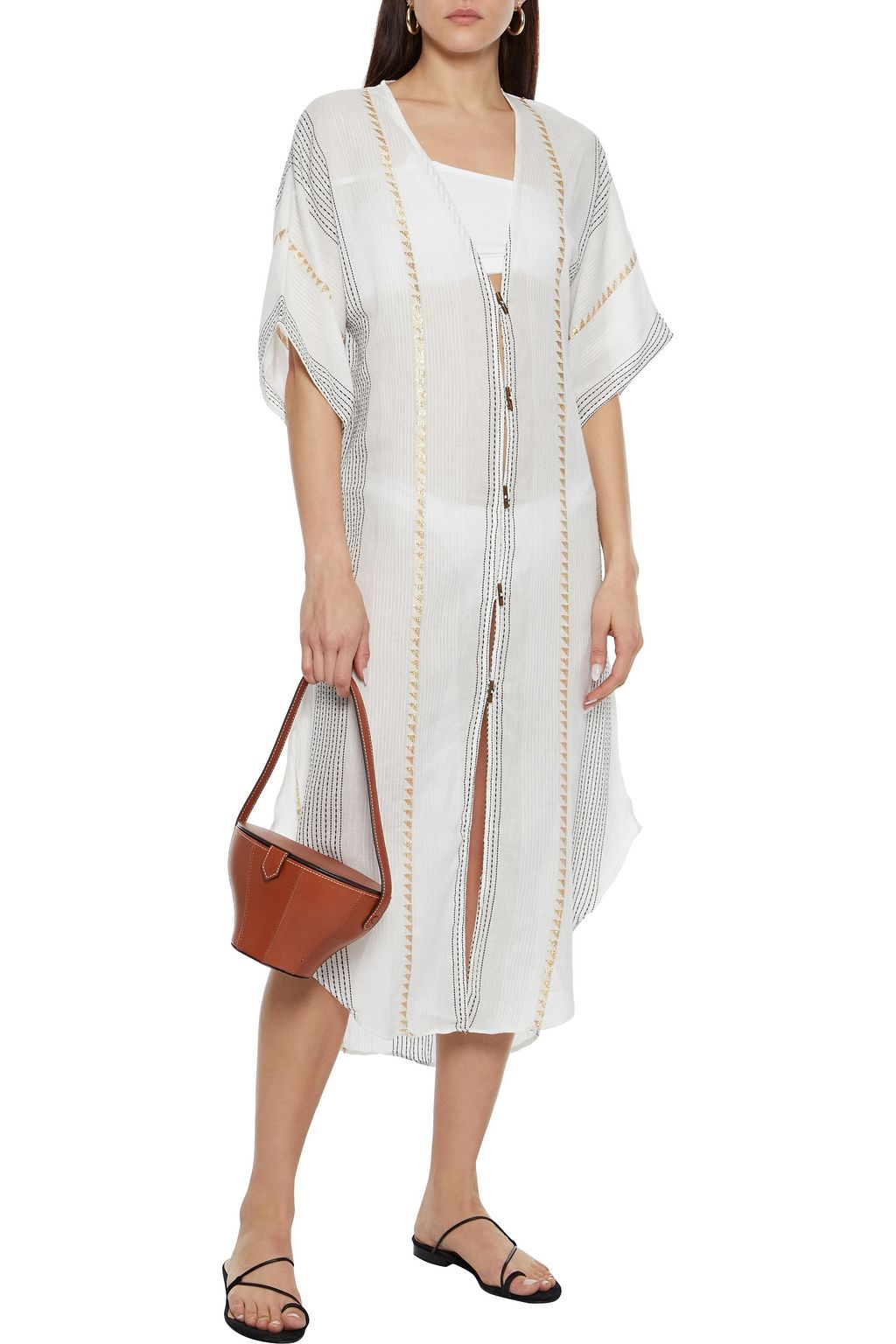 VIX PAULA HERMANNY Metallic-trimmed embroidered cotton-gauze kaftan