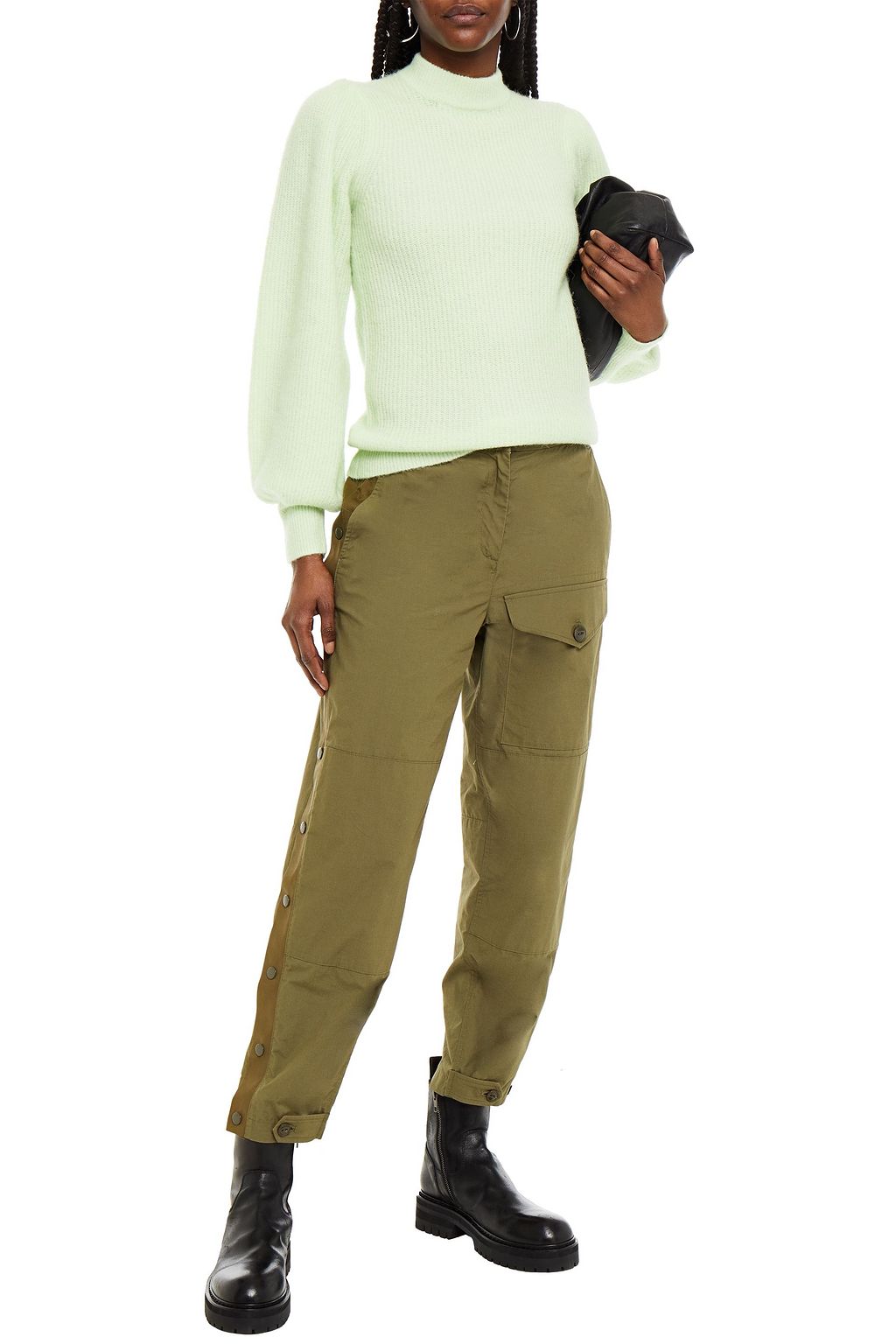GANNI Gathered brushed ribbed-knit sweater