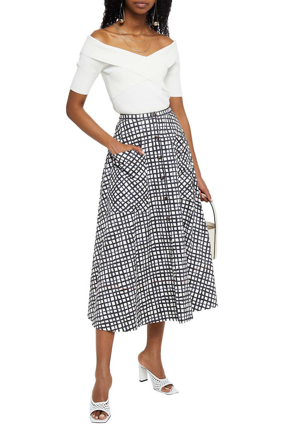 Saloni Leah Checked Stretch-cotton Midi Skirt In Animal Print