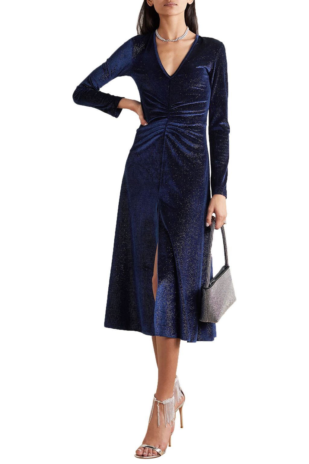ROTATE BIRGER CHRISTENSEN Ruched glittered velvet midi dress