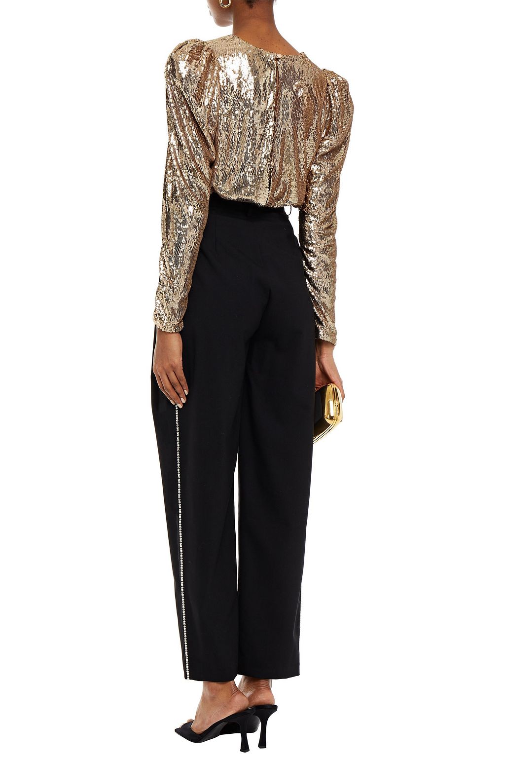 RONNY KOBO Crystal-embellished pleated wool-blend tapered pants