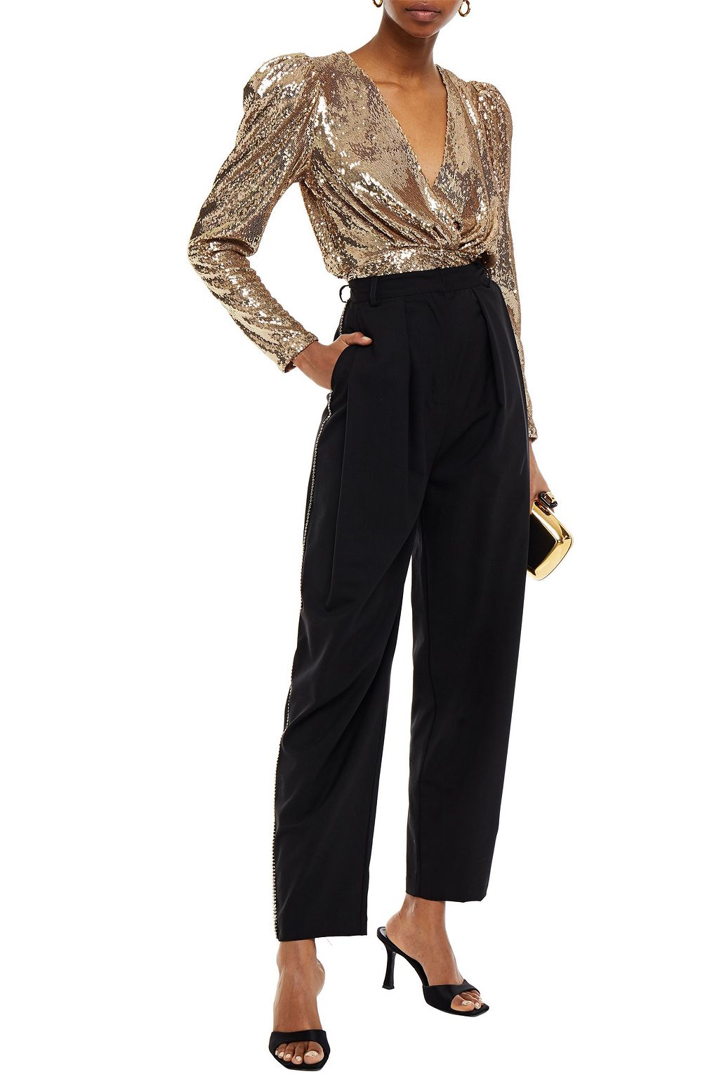 RONNY KOBO Crystal-embellished pleated wool-blend tapered pants