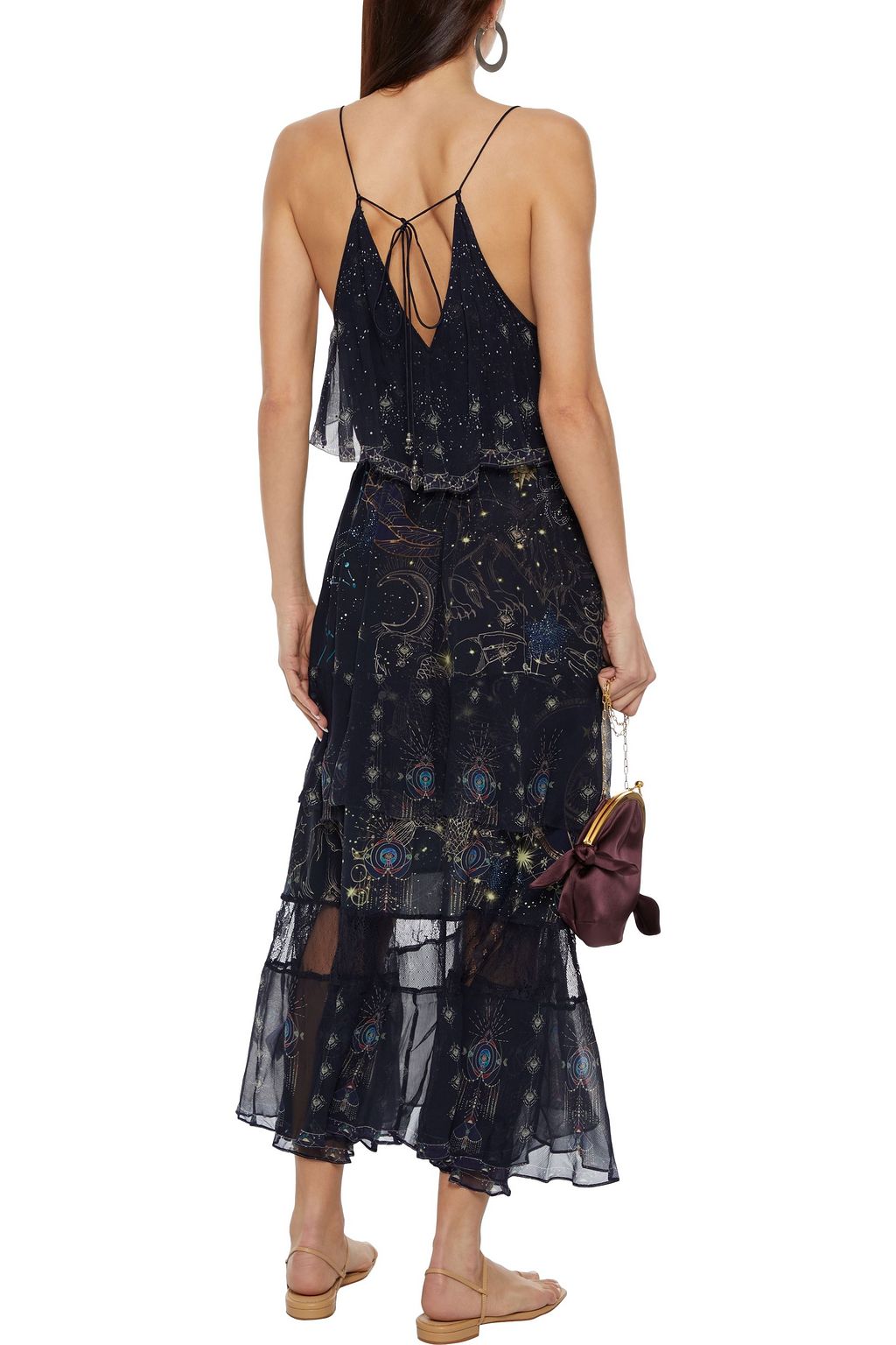 CAMILLA Tiered georgette-paneled embellished printed silk crepe de chine midi slip dress
