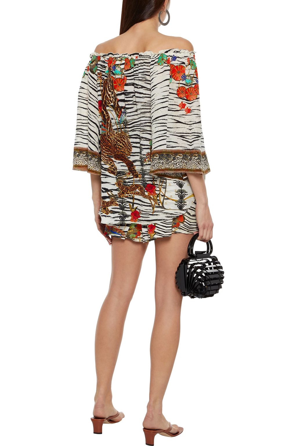 CAMILLA Off-the-shoulder crystal-embellished printed silk crepe de chine top
