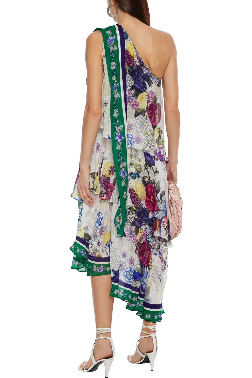 CAMILLA One-shoulder tiered tie-neck floral-print silk-chiffon midi dress